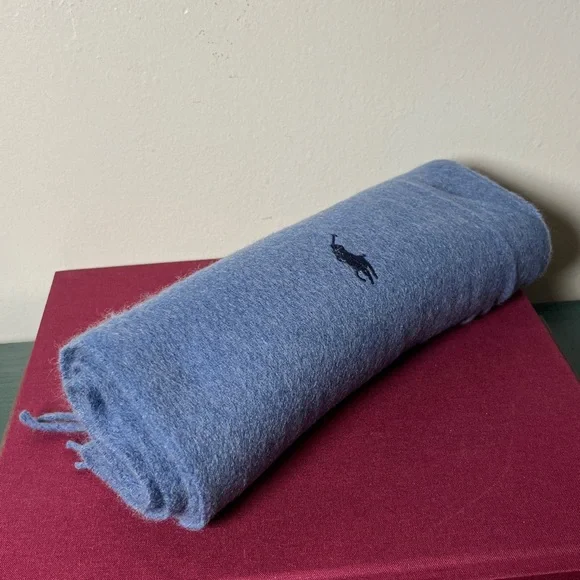 Polo Ralph Lauren Signature Embroidered Pony 100% Cashmere Blue Scarf w Fringe - Picture 10 of 10